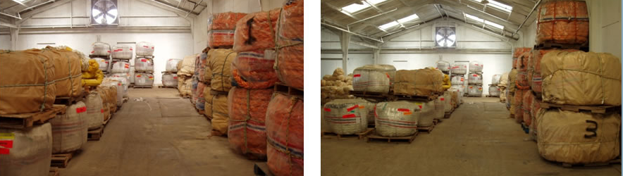 A warehouse filled with lots of bags and pallets.